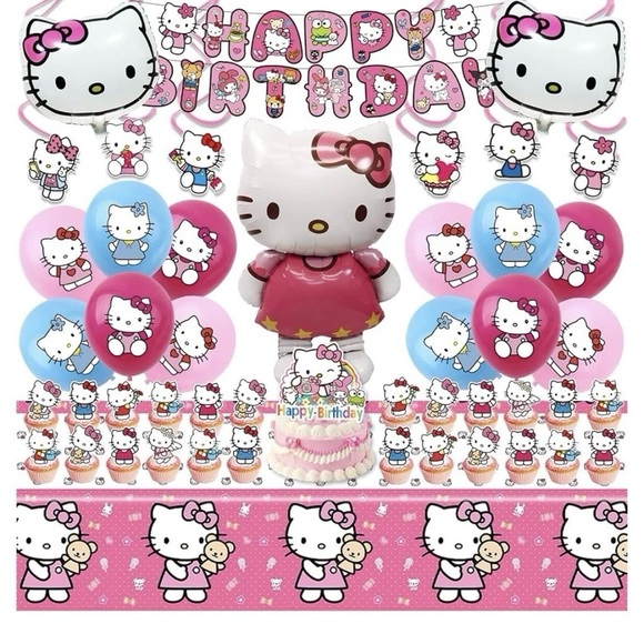 Hello Kitty Other - Hello Kitty Birthday Party Decor Set 51pcs Pink Banner Balloons Tablecloth
